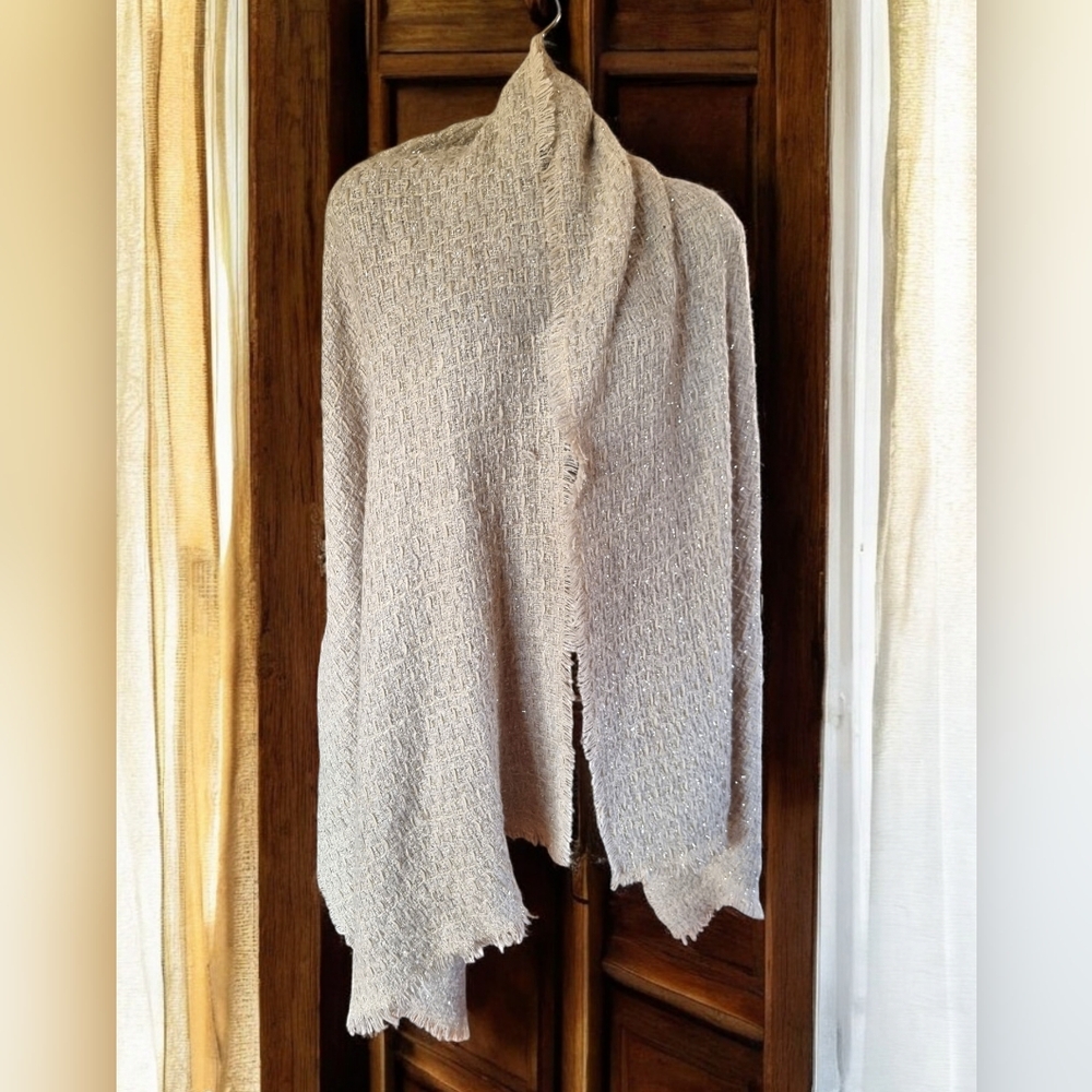 Echo Gold Metallic Threads Beige Fringed Shawl Scarf